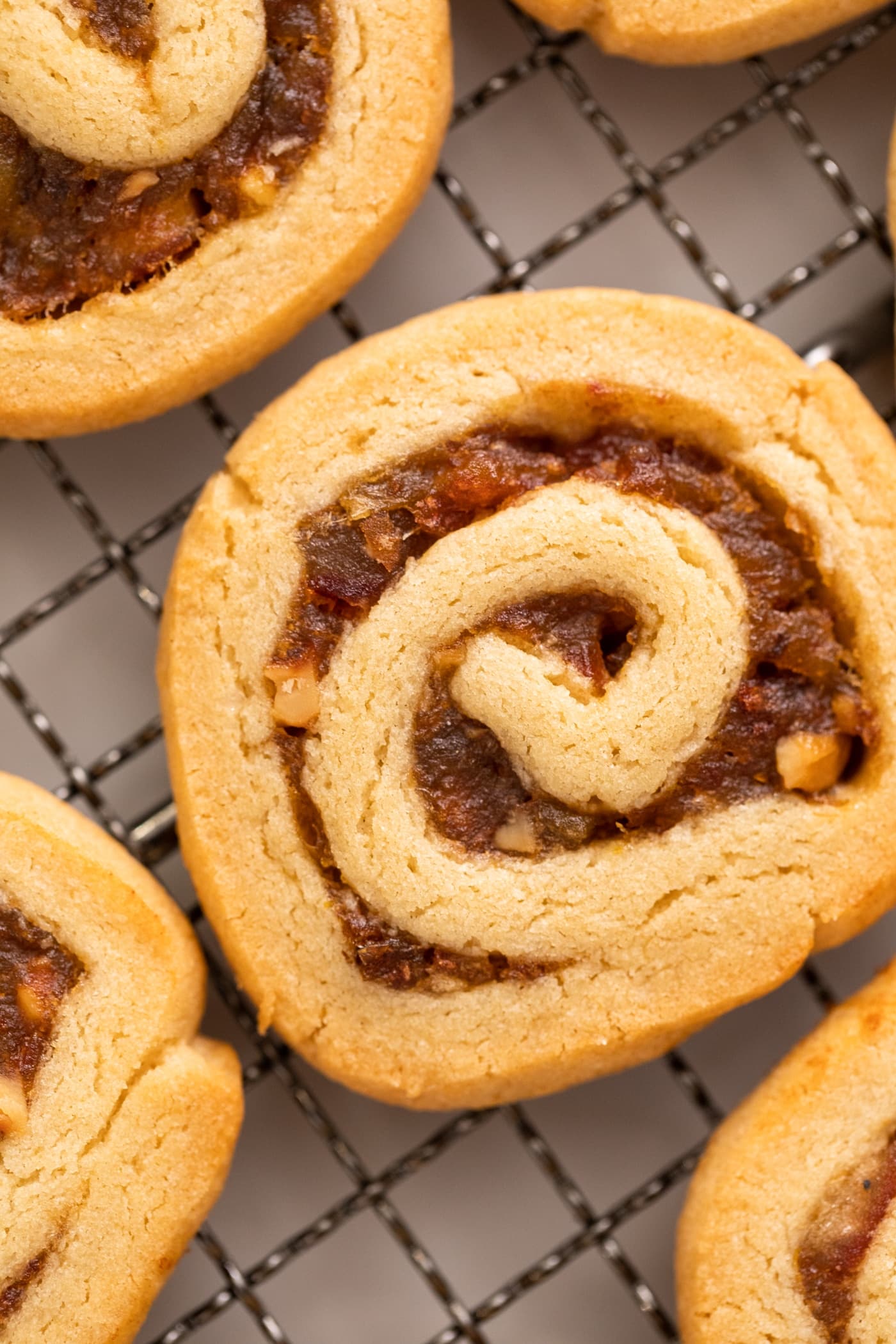 Top down view of close up golden rolled cookie filled with date mixture and dotted with walnuts sitting on cooling rack with other cookies