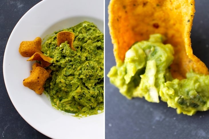 Finished easy guacamole sitting in white bowl on one side of picture and tortilla chip with serving of guacamole on it on other side