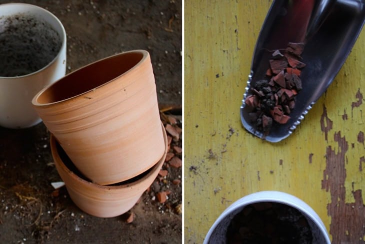 Two side by side pictures of terra cotta pots for plants and broken shards of a pot being placed in the bottom of a pot.