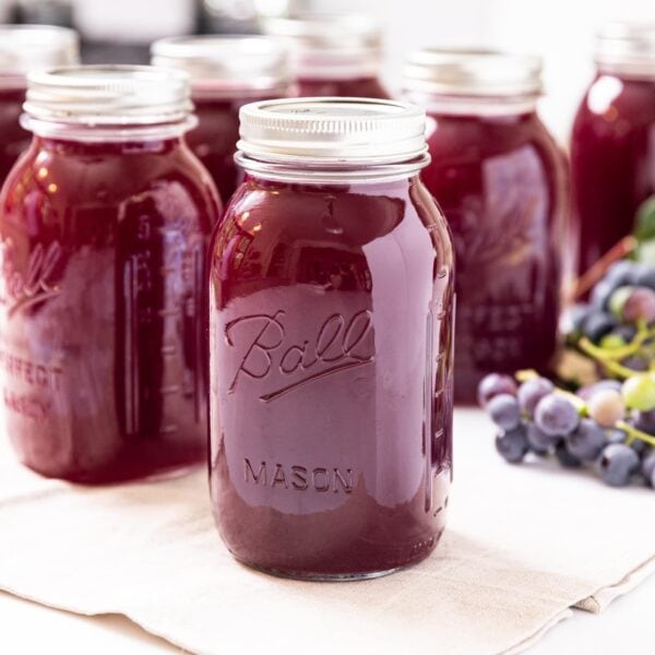Glass jars filled dark purple canned grape juice concentrate sitting on white countertop with grapes sitting behind
