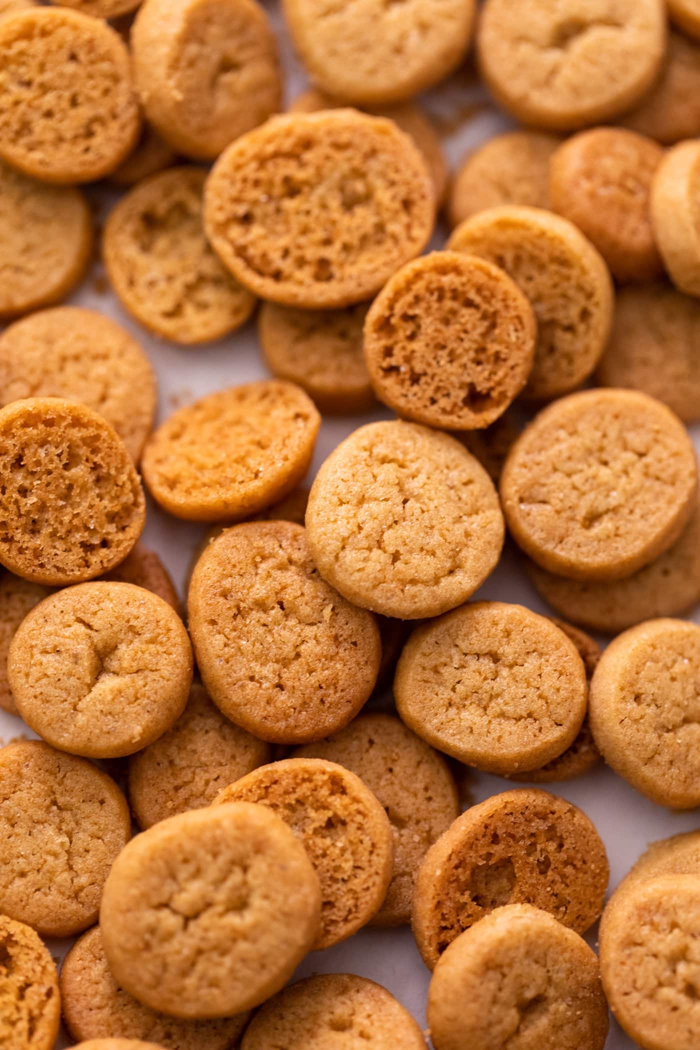 Close up view of small lightly golden peppernut cookies sitting on cooling rack after coming out of oven