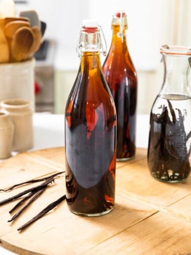 Large bottle filled with homemade vanilla extract.
