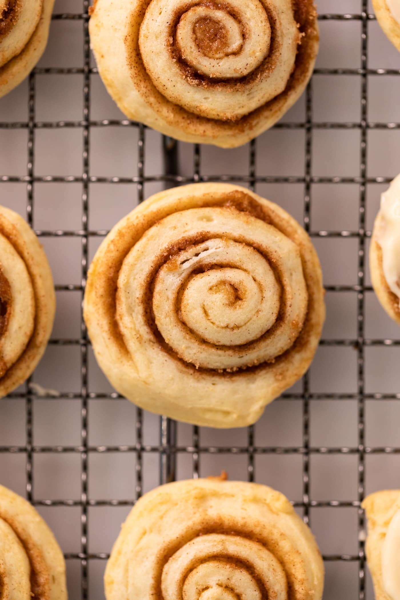 Close up top down view of cinnamon swirled cookies sitting on wire cooling rack with other cookies beside