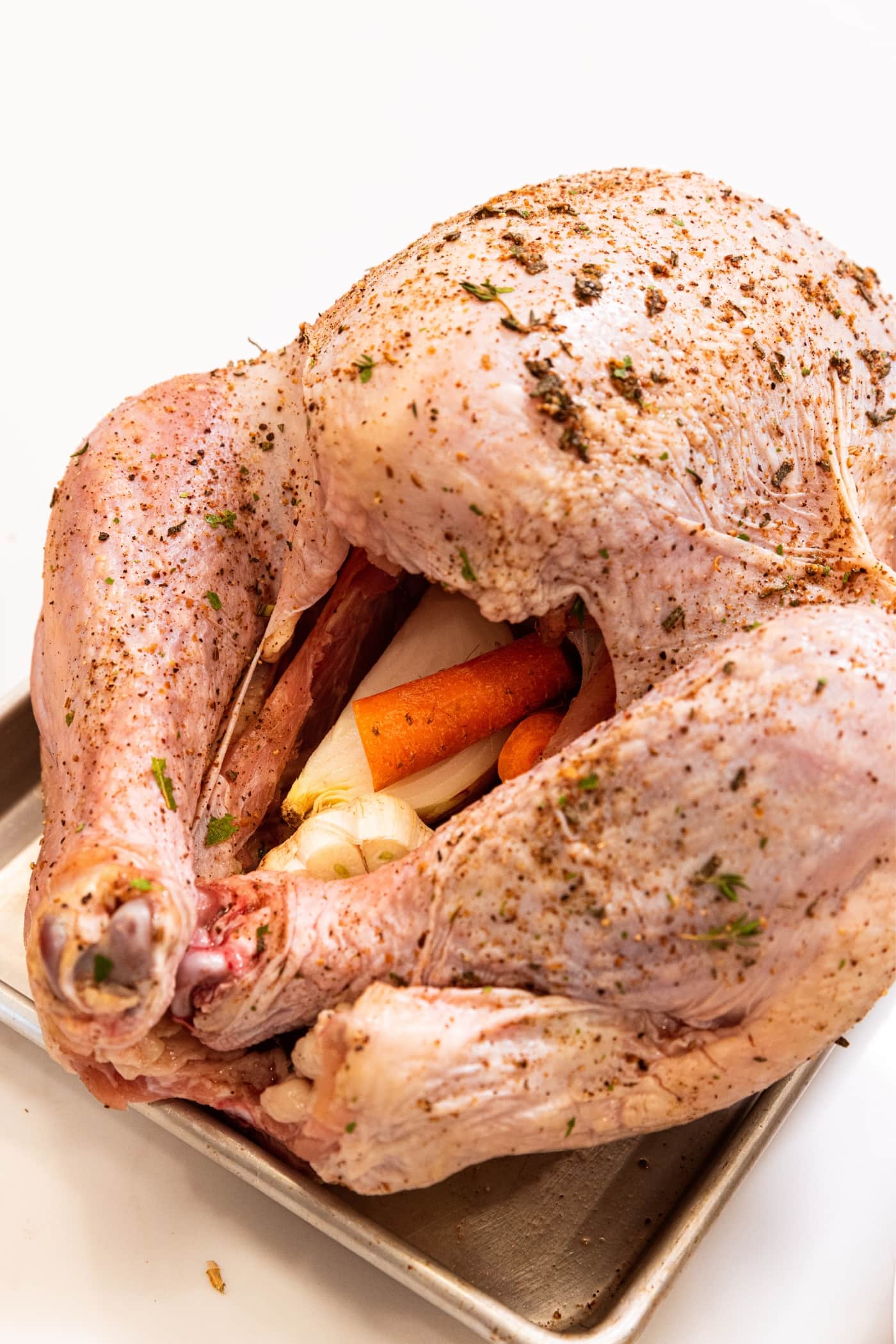 Raw turkey covered with dry-brine and herbs with cavity being stuffed with carrots and celery and onion.