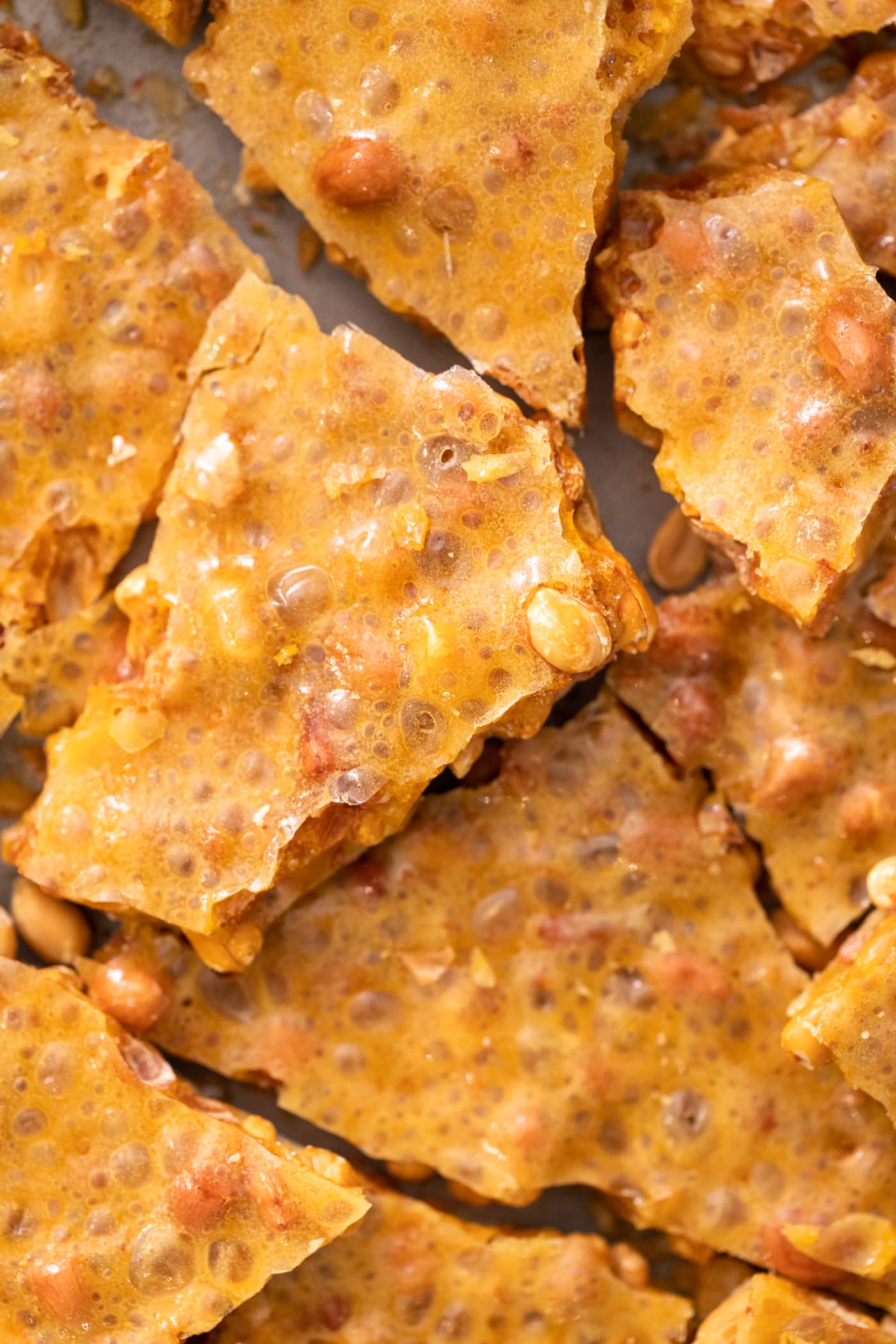 Top down view of yellow colored pieces of peanut brittle dotted with peanuts sitting on baking tray