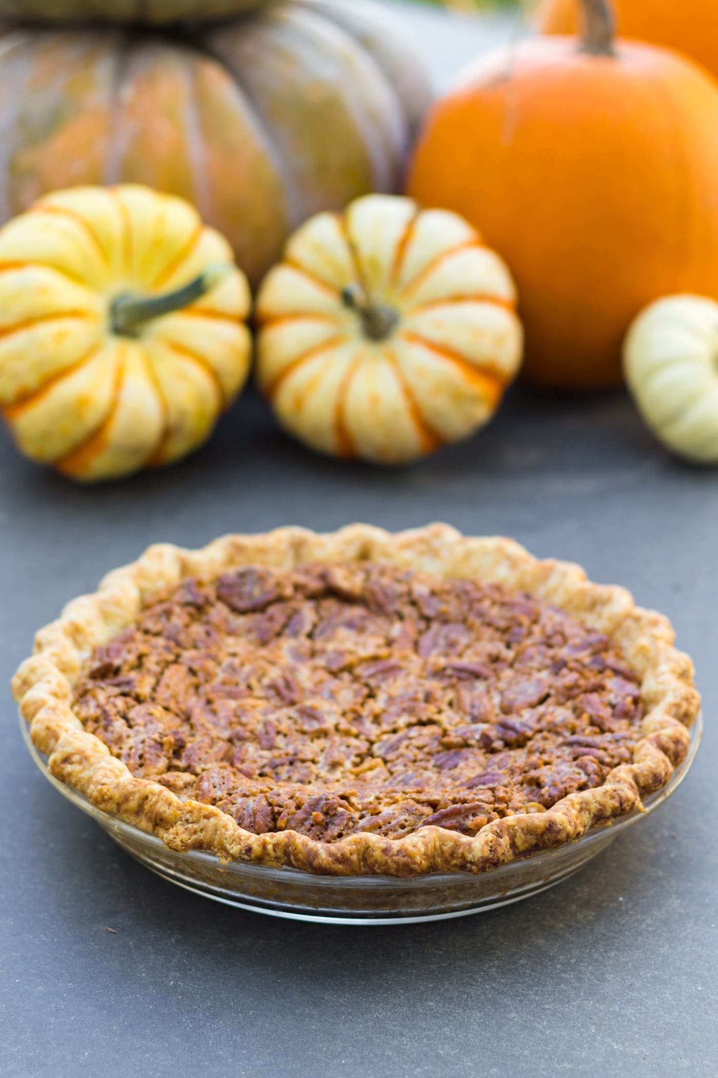Simple pecan pie in glass pie dish sitting on gray slate surface with small pumpkins sitting in background