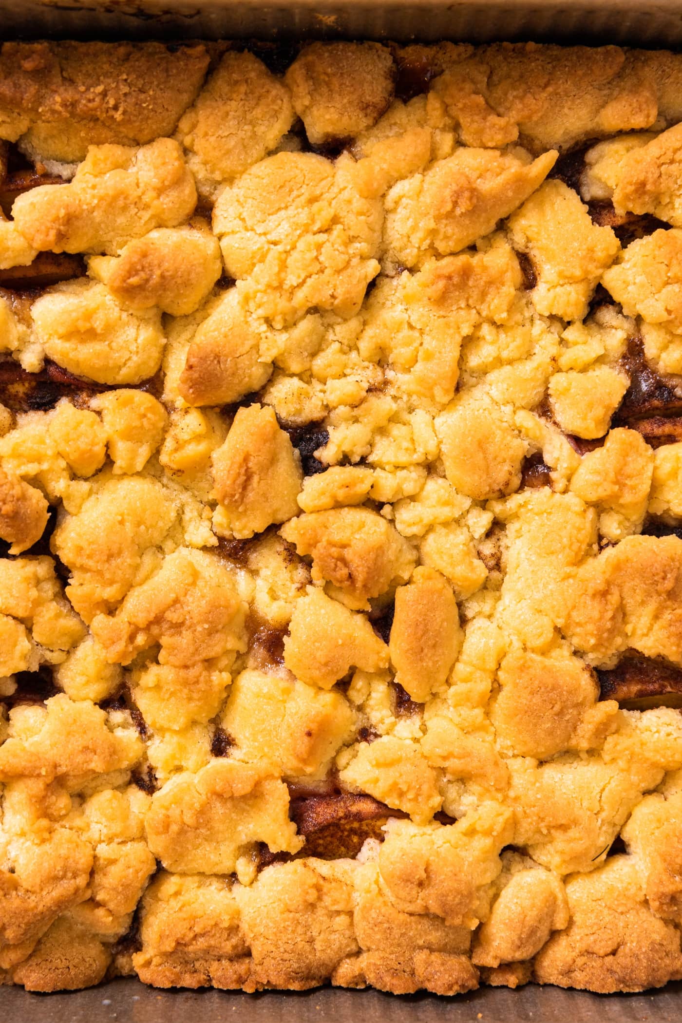 Top down view of golden brown crust on top of beach crumb bars