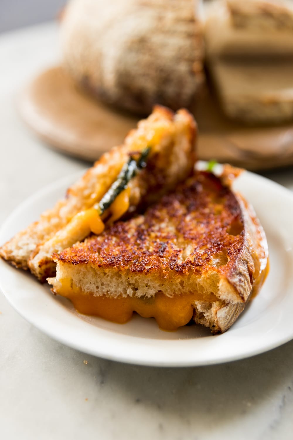 Grilled cheese sandwich sitting on white plate after being grilled with melted cheese dripping out with loaf of bread in background all on marble surface