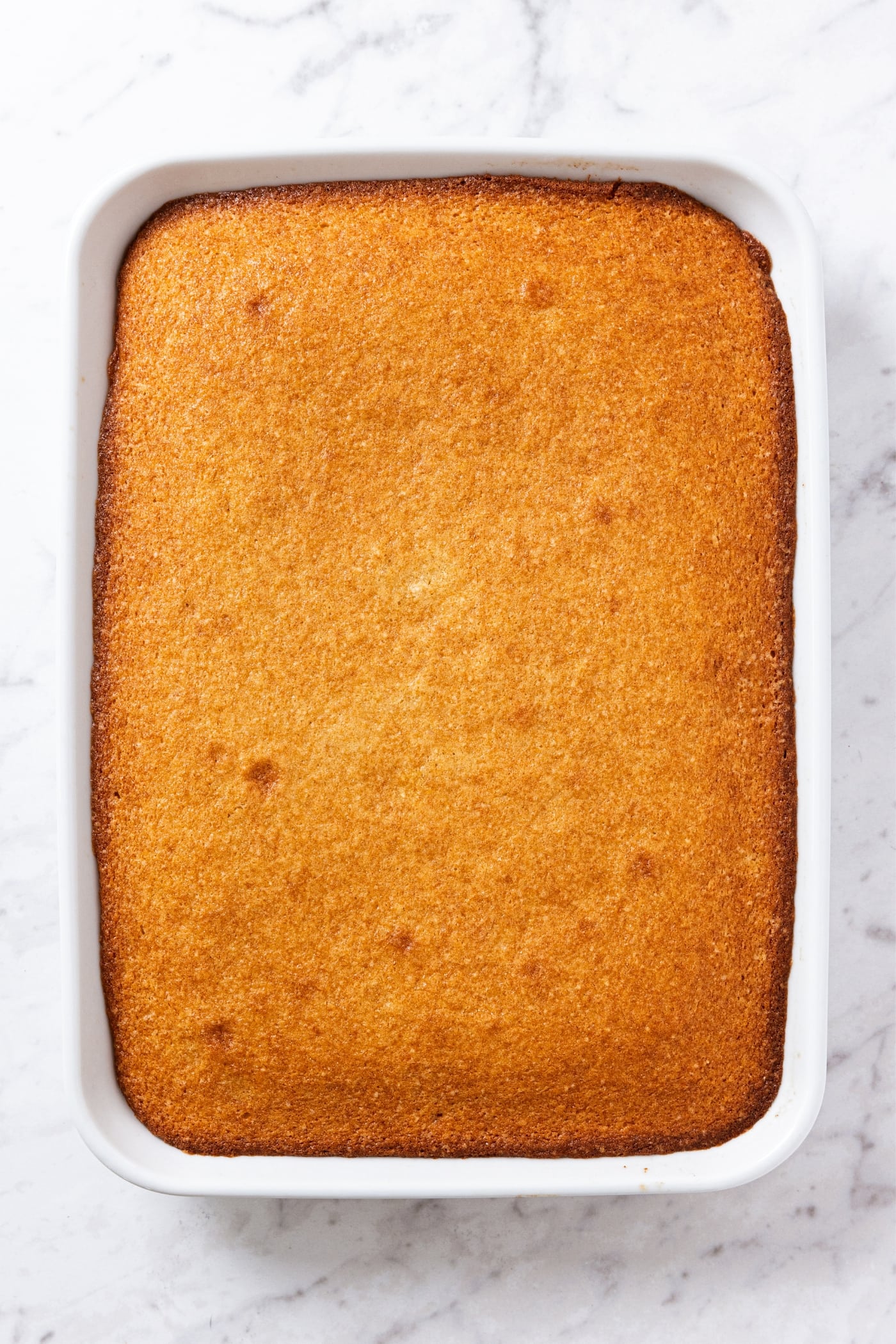 White baking dish filled with baked tres leches cake right after coming out of the oven from baking sitting on white marble surface.