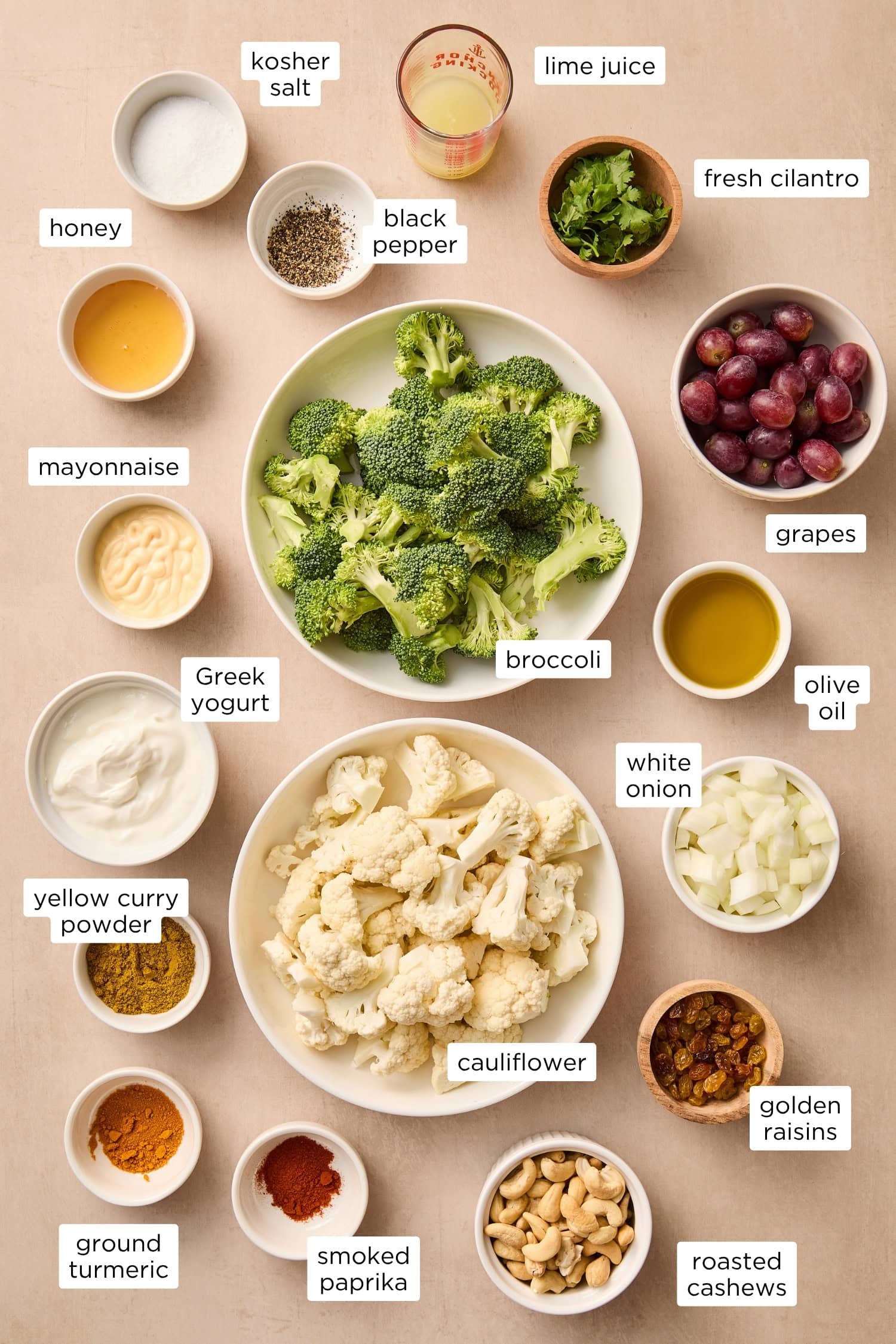 Ingredients for curried broccoli cauliflower salad.