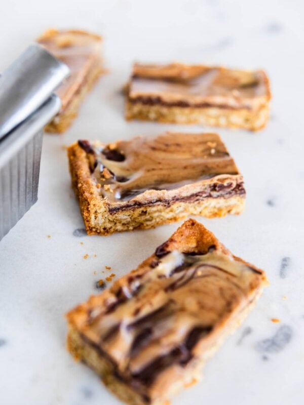 Slices of peanut butter fingers cut up.