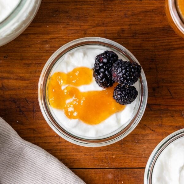 Top down view of homemade yogurt in glass bowl topped with jam and blackberries sitting on wood board with extra yogurt around