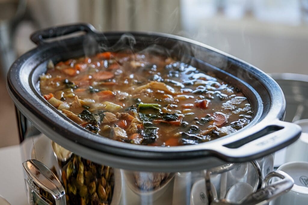Slow cooker filled with hot soup with pieces of carrot, turkey, kale, onion, and more steaming with wisps of smoke.