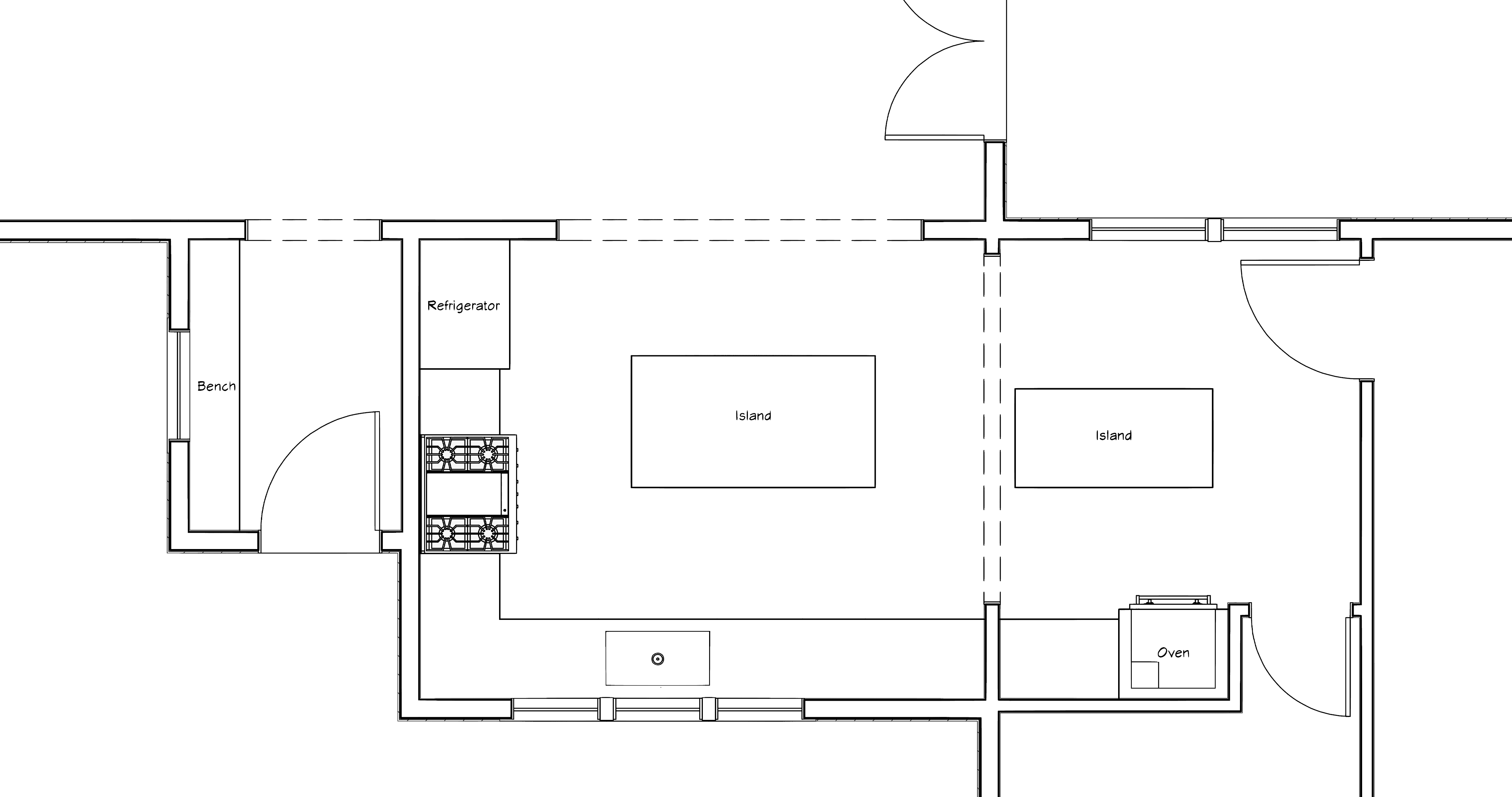 Top down floor plan view of renovated kitchen showing walls and windows and doors and kitchen appliances