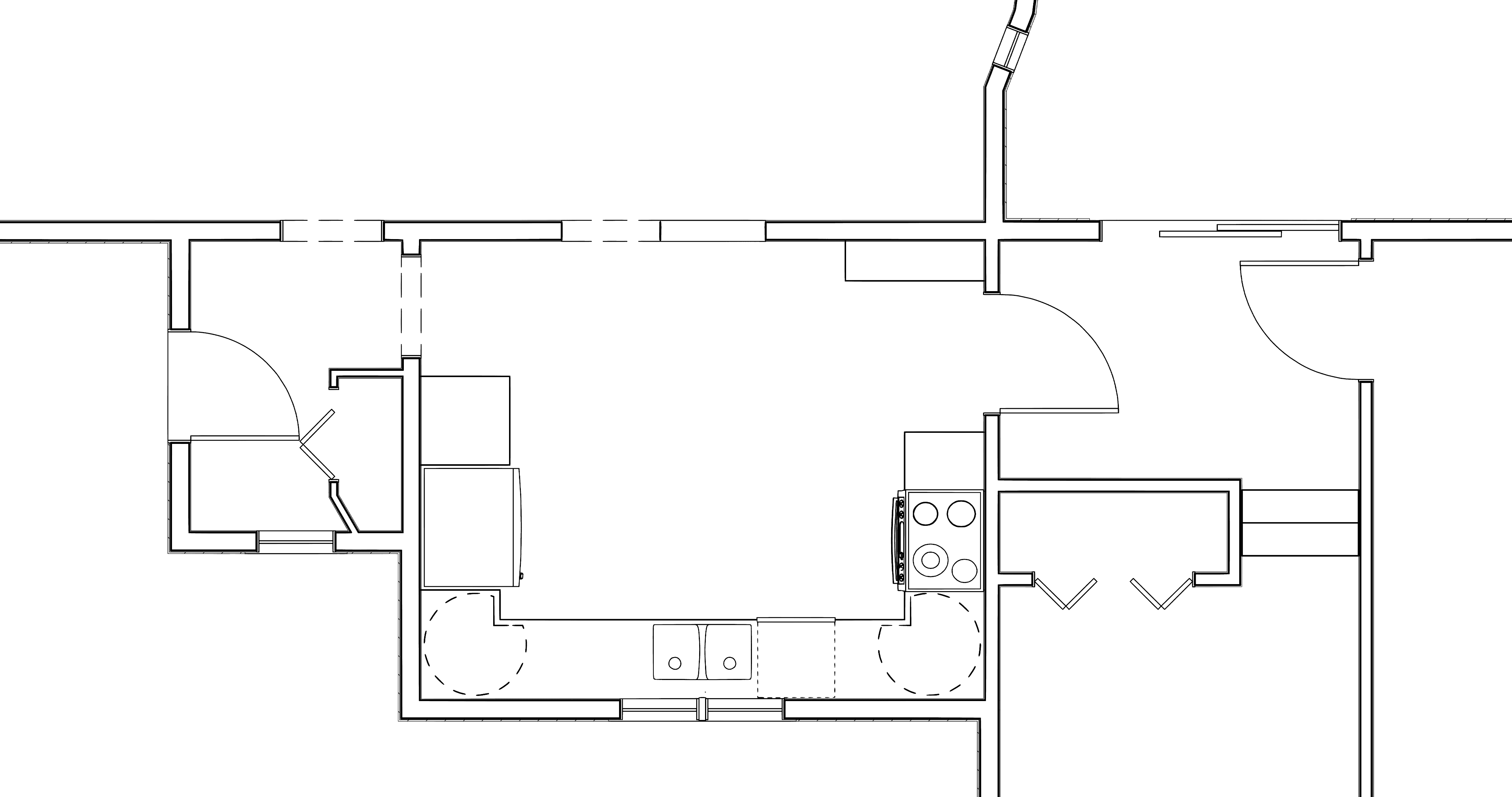 Floor plan view of original kitchen layout with walls and kitchen appliances