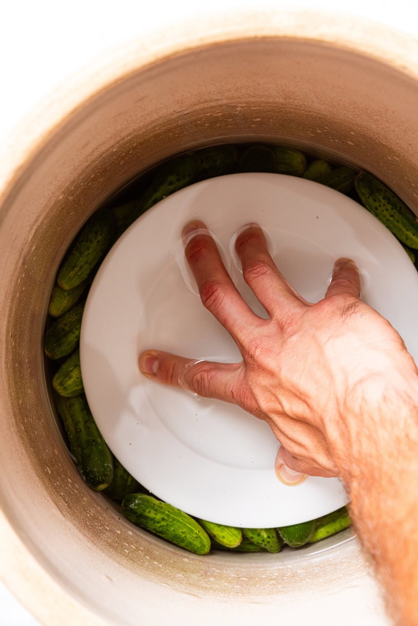 Hand using a plate to press cucumbers into liquid to soak.