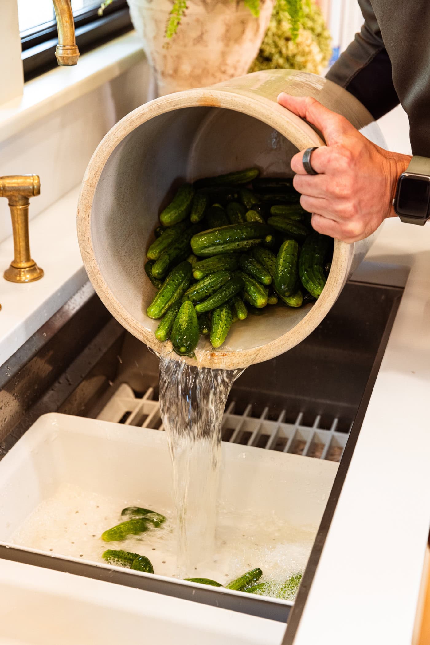 Cucumbers being poured out of a large crock into a white colander in the sink.