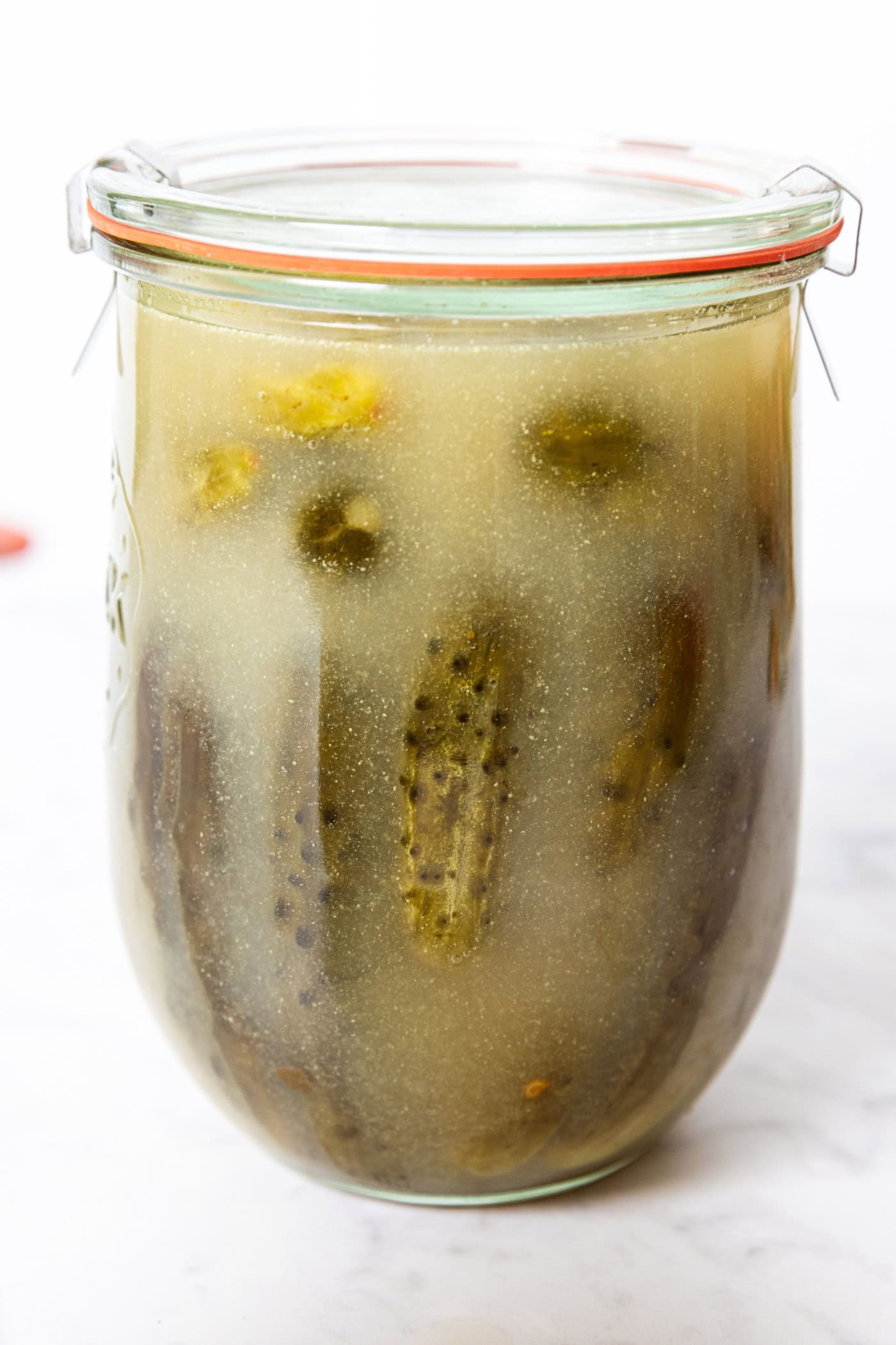 Glass jar filled with murky liquid with mustard pickles inside with lid on top.