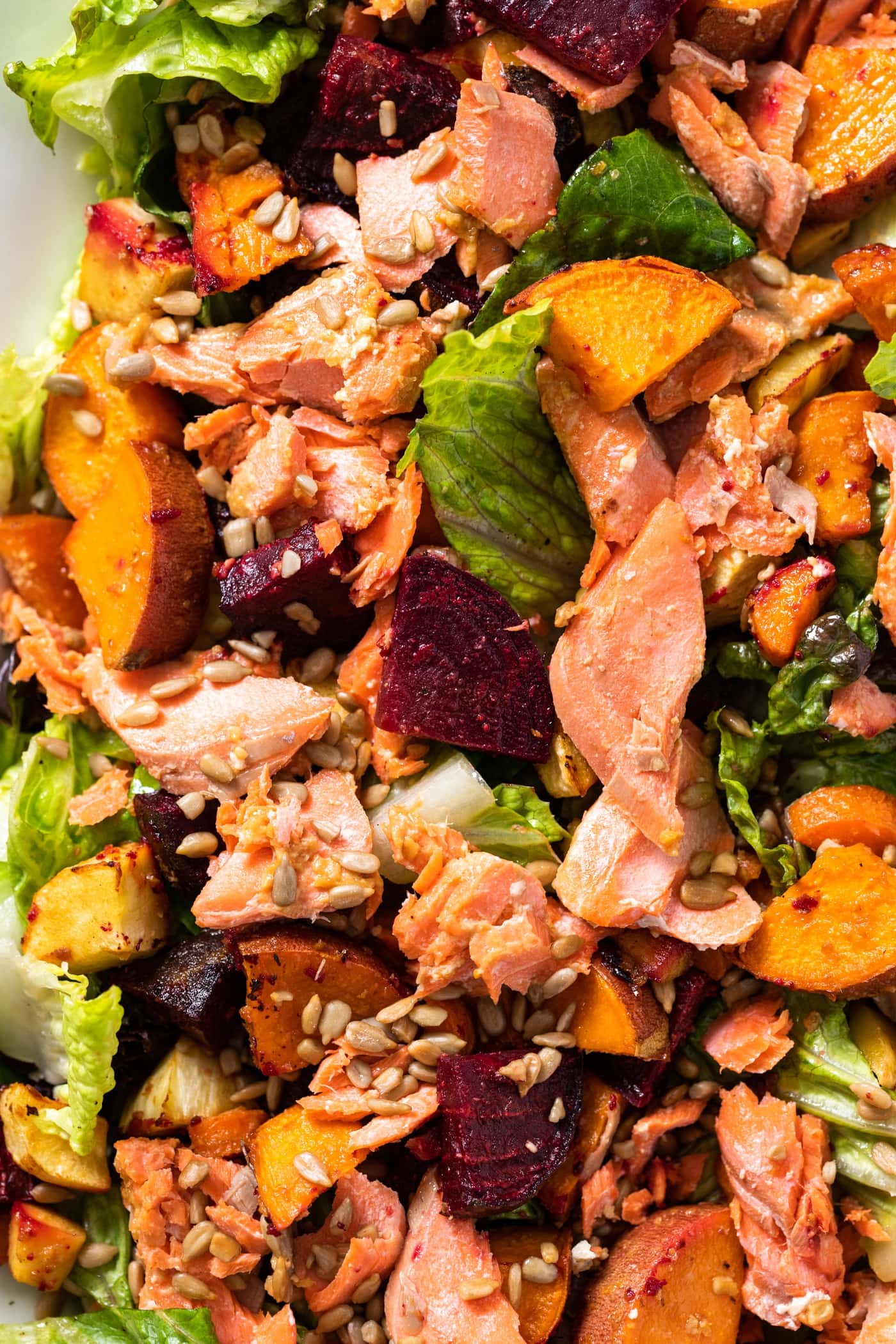 Close up top down view of salmon sitting on bed of green lettuce surrounded by orange colored sweet potatoes and topped with sunflower seeds