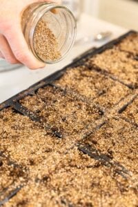 Hand holding clear glass container sprinkling vermiculite all over the surface of soil