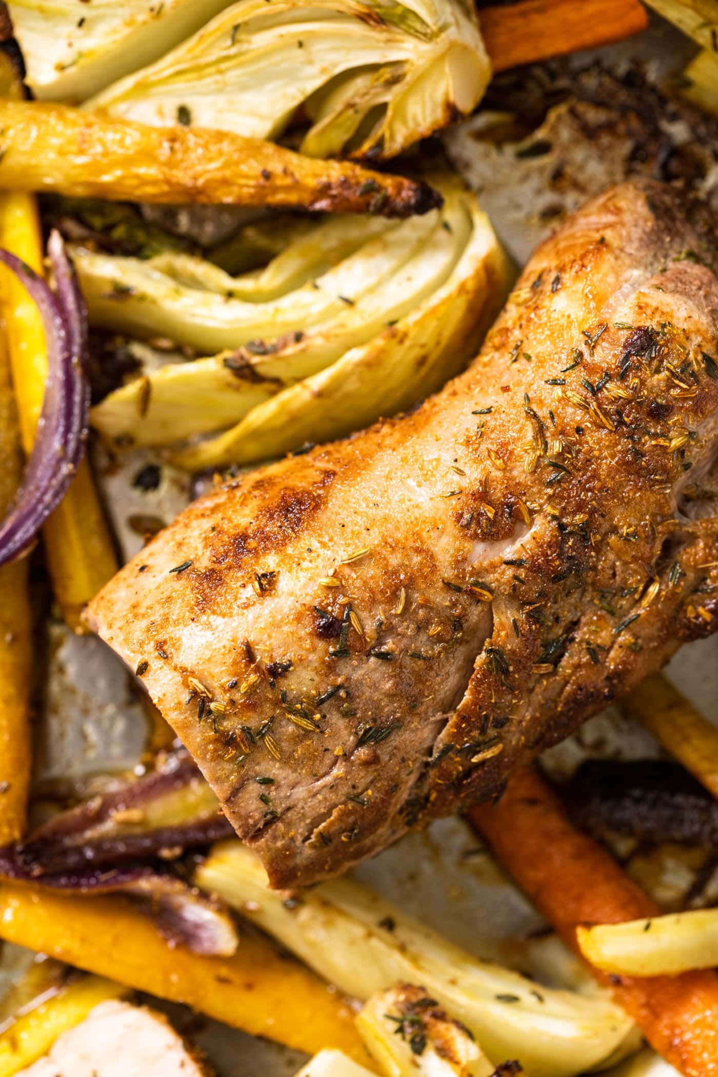 Top down view of seared pork tenderloin with golden brown crust surrounded by pieces of carrot and fennel