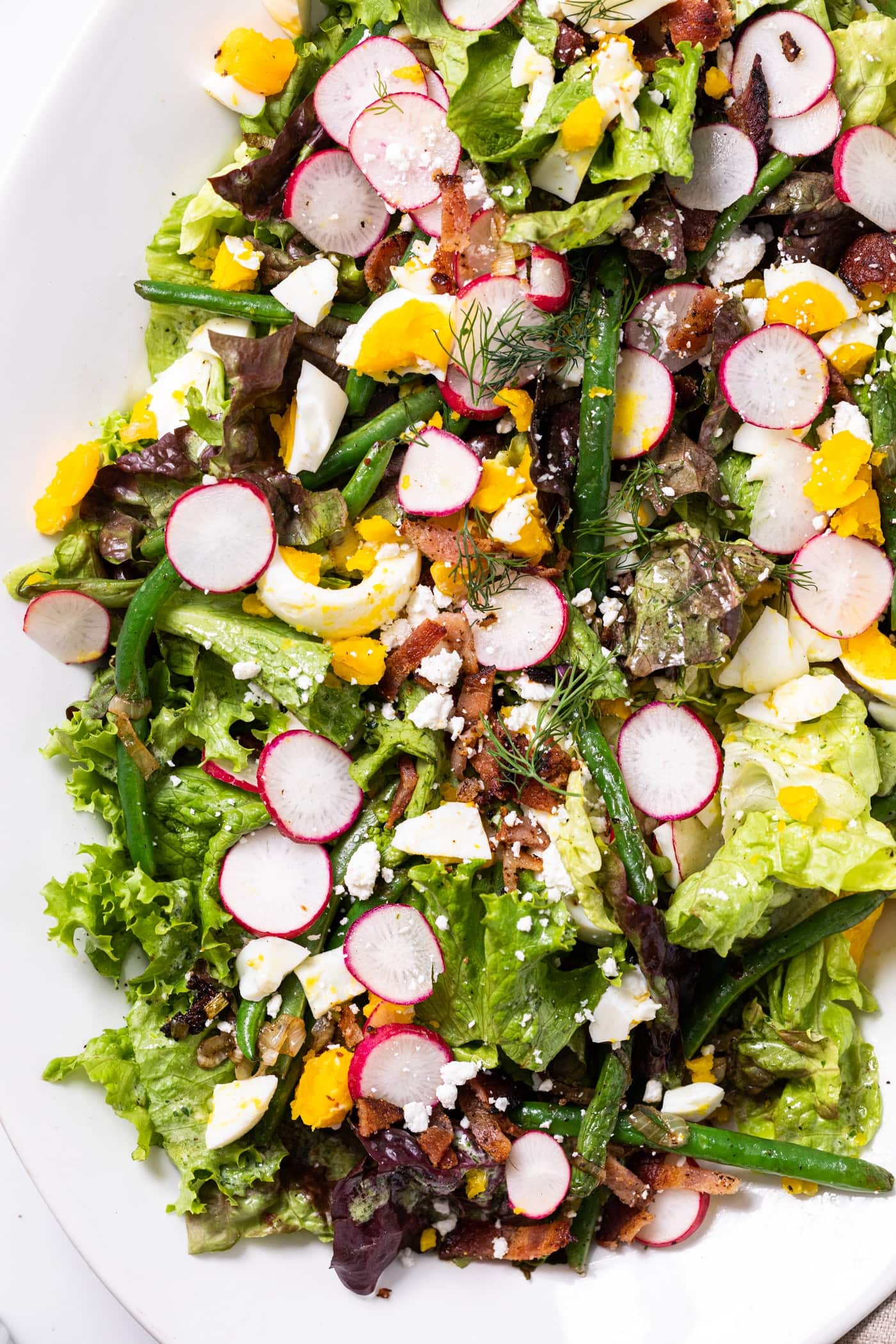Top down view of white serving platter filled with green lettuce and topped with radishes, eggs, green beans, and bacon with herb dressing lightly poured over the top