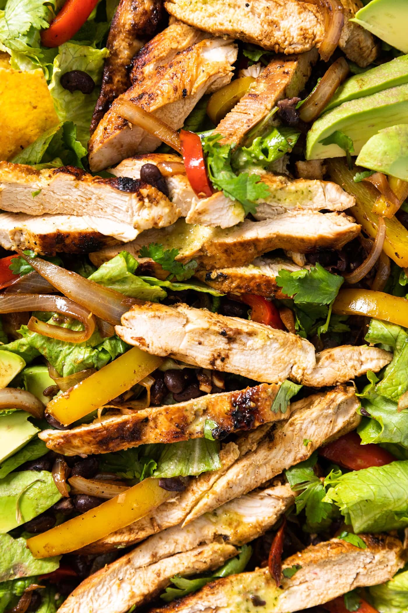 Close up top down view of strips of grilled chicken sitting on top of salad greens and topped with dressing