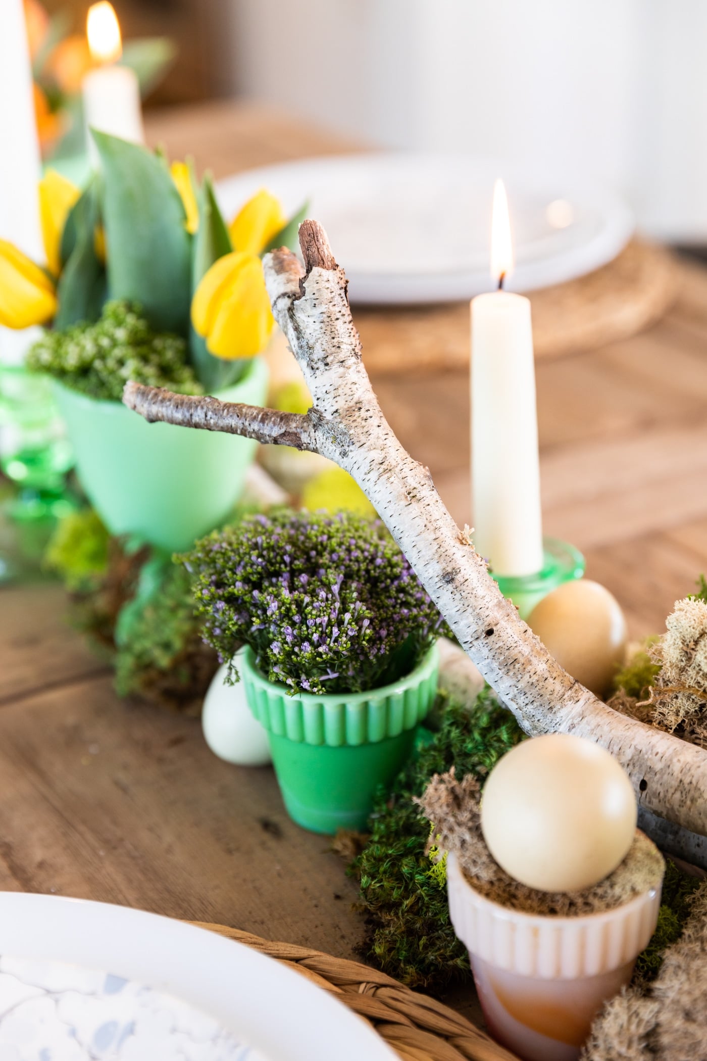 Birch log set along the middle of wooden table with natural elements spread along entire table with yellow tulips in background