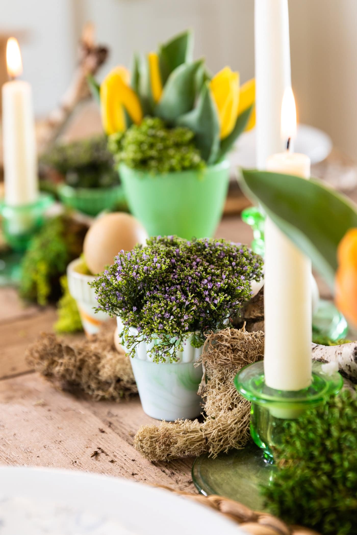 Little blue colored vase filled with purple colored flowers sitting on wood table among brown moss with candlesticks and yellow tulips in background