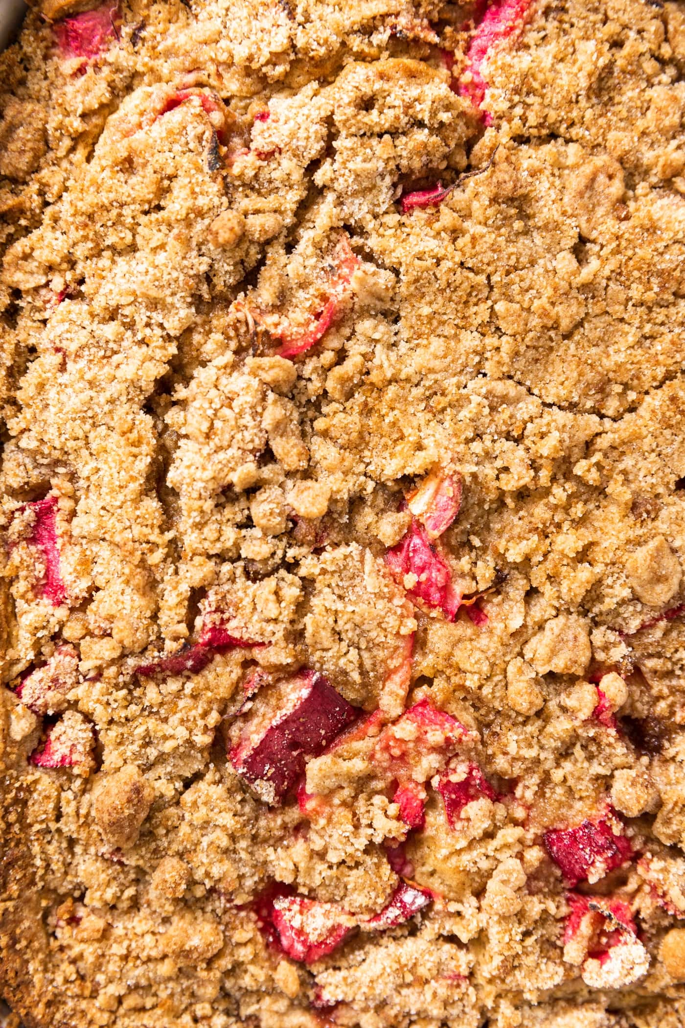 Close up top down view of coffee cake with streusel topping dotted with pieces of chopped rhubarb