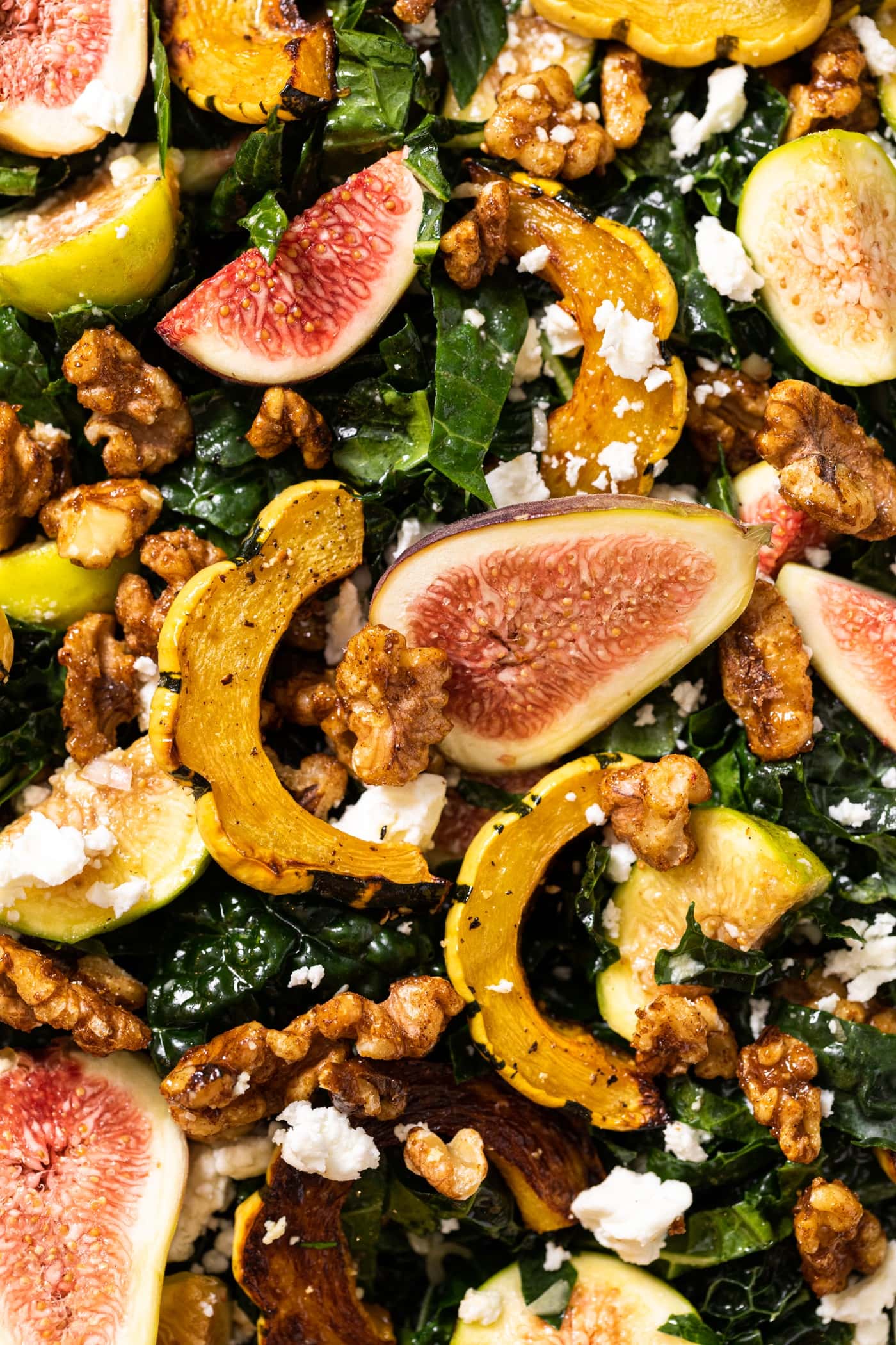 Close up top down view of kale salad topped with figs, squash, candied walnuts, and feta cheese