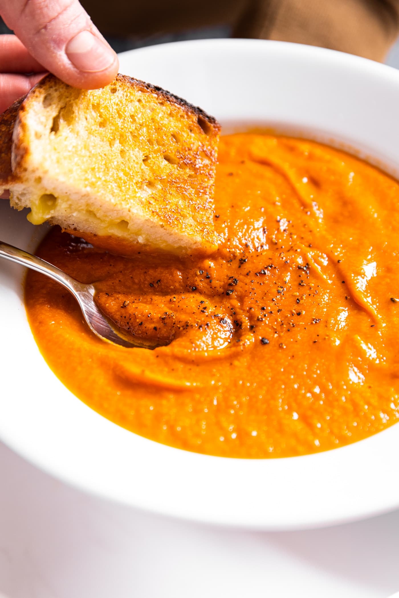 Hand holding grilled cheese sandwich dipping into white bowl filled with creamy tomato soup