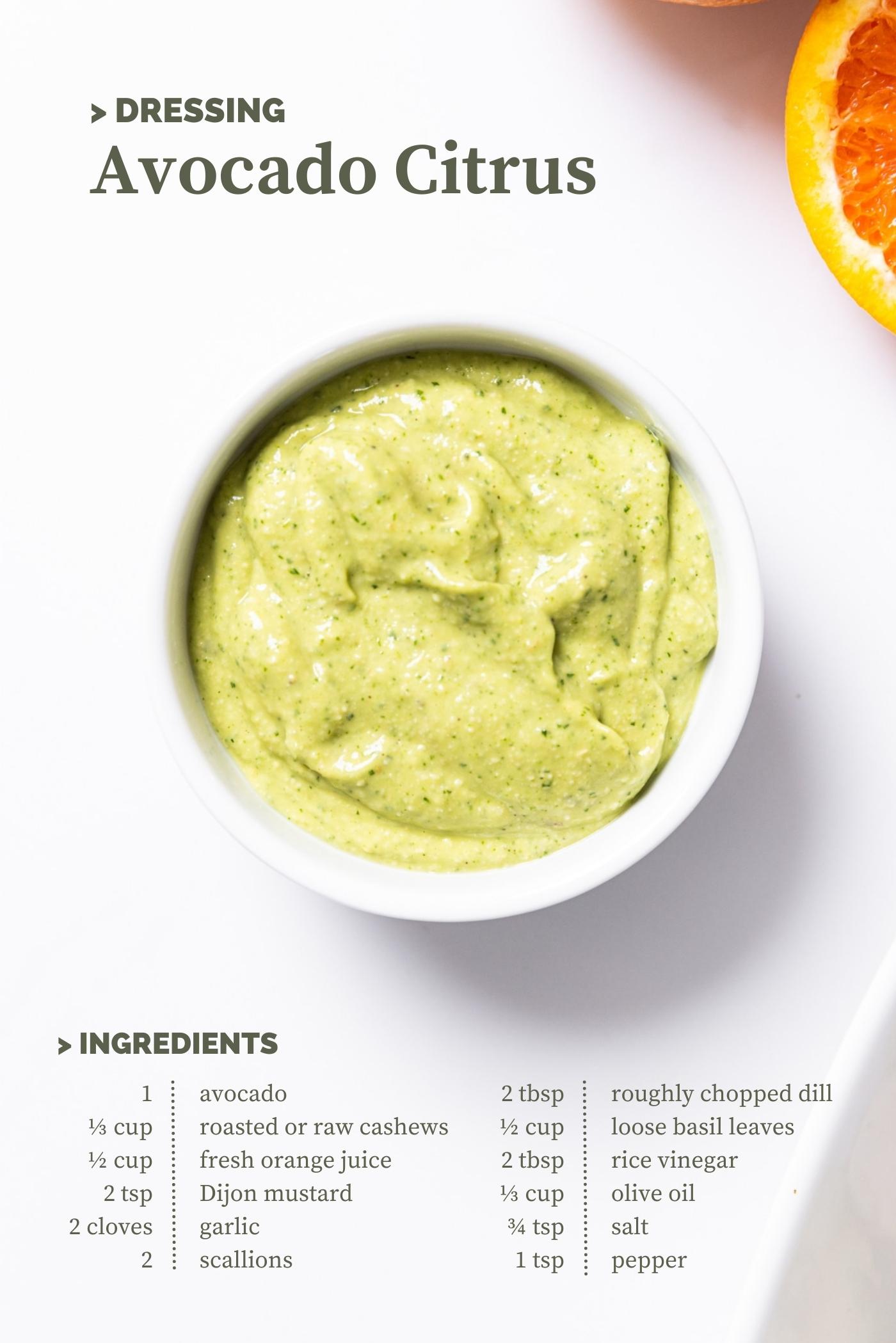Top down view of circular white bowl filled with green avocado citrus dressing with part of sliced orange in corner with text on image listing title and ingredients