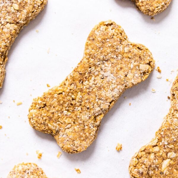 Top down view of yellow-colored bone-shaped peanut butter dog biscuits sitting on white piece of parchment on baking pan