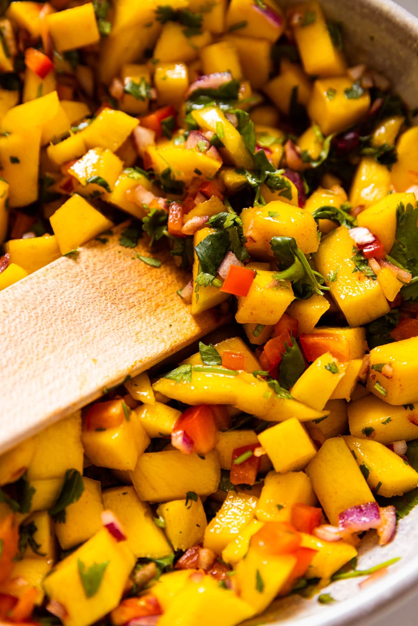 Close up view of orange and yellow colored mango salsa with pieces of red onion, red bell pepper, and cilantro all in ceramic bowl