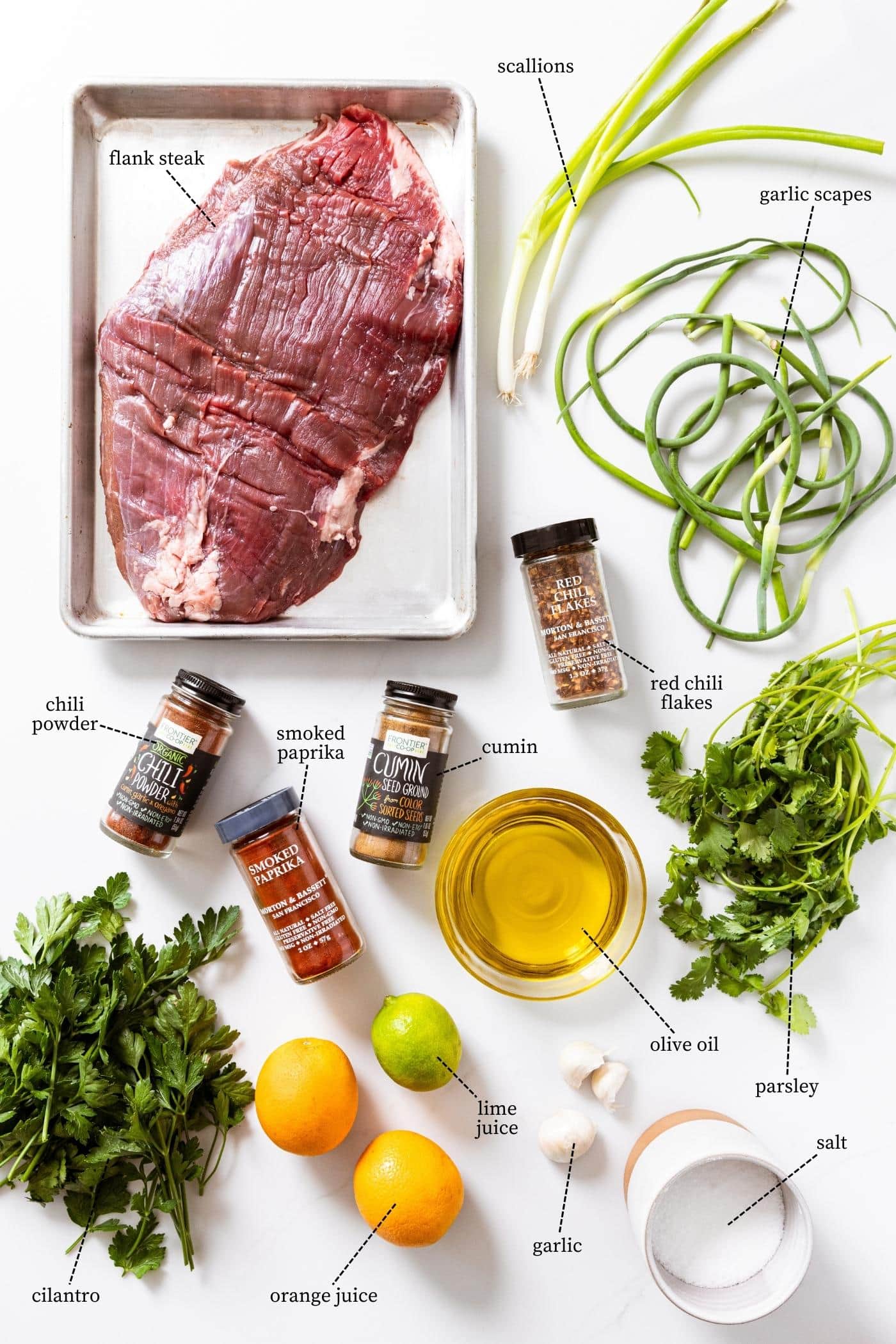 White countertop with ingredients laid out to make a grilled flank steak with a marinade as well as a garlic scape chimichurri.