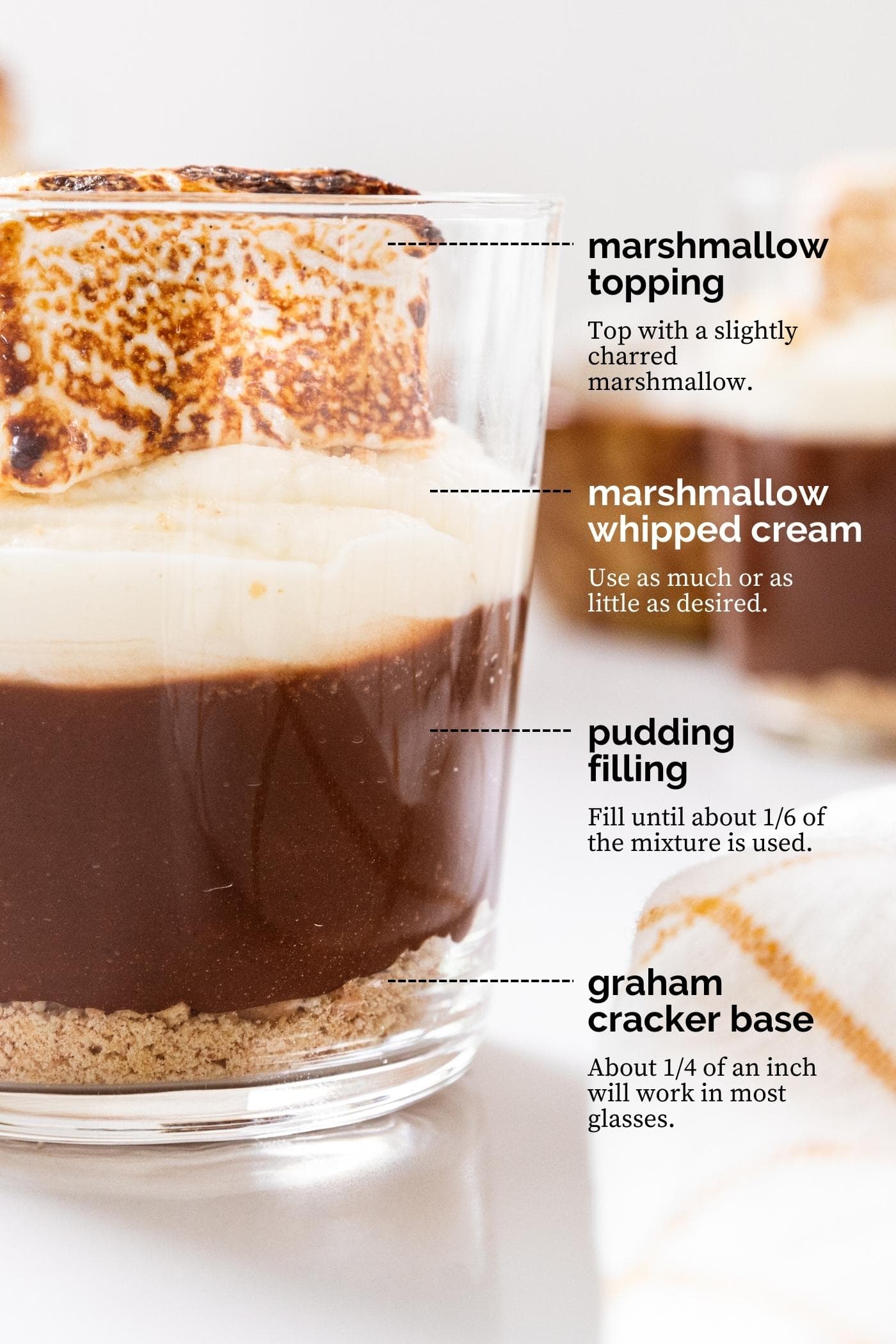 Glass sitting on white countertop showing the s'mores pudding filling with charred marshmallow on top with works and graphics on image.