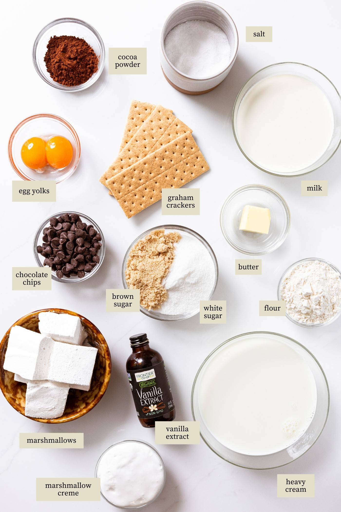 White countertop filled with all of the ingredients needed for s'mores pudding cups with words and text boxes describing each item.