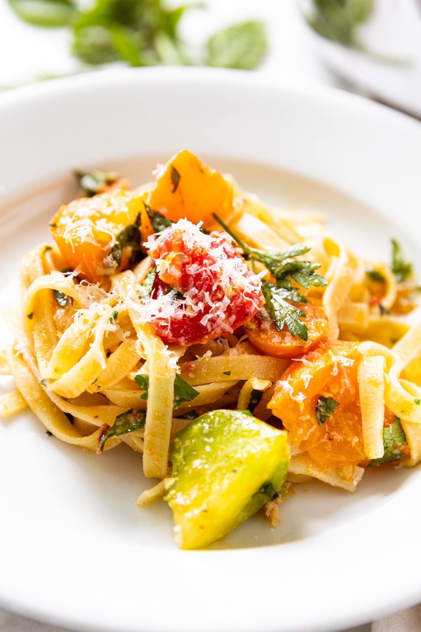 White plate filled with twisted pasta with chunks of tomatoes, herbs, and Parmesan cheese all over the top.