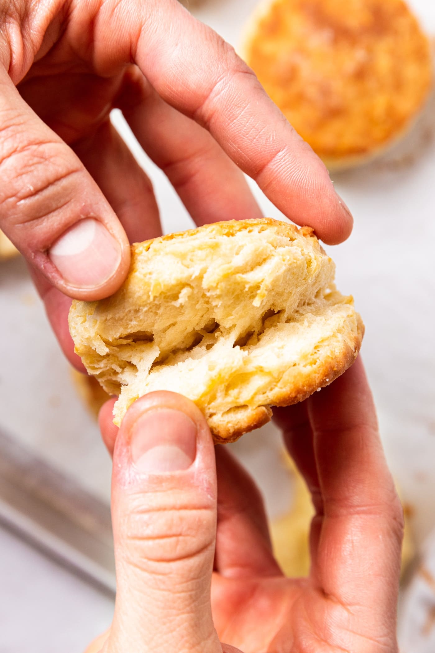 Two hands pulling apart a flaky buttermilk biscuit with more biscuits below cooling on a parchment-lined baking sheet.