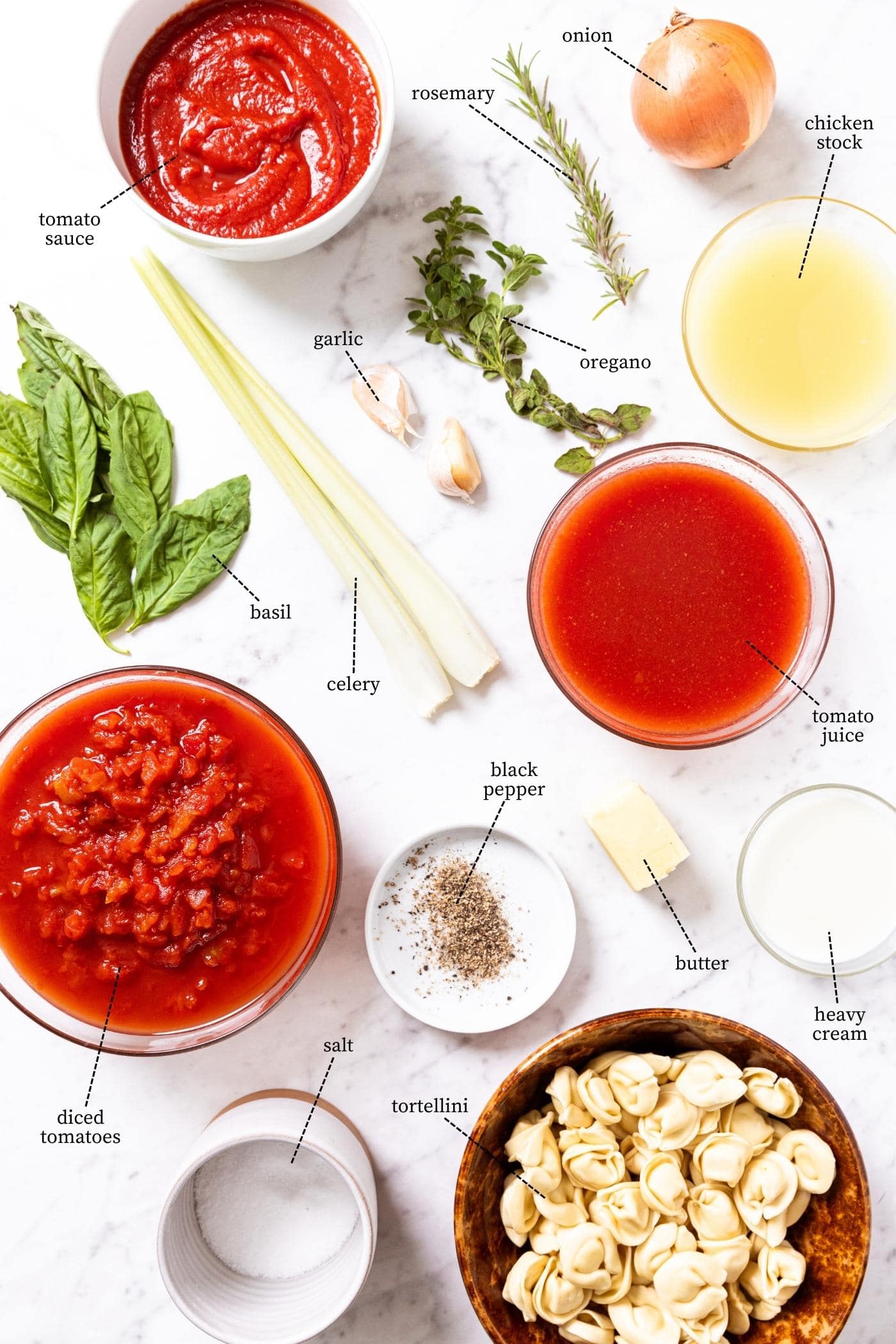 Marble surface filled with all ingredients needed to make tomato tortellini soup including celery, herbs, tortellini, tomato juice, tomato sauce, diced tomatoes, and more.