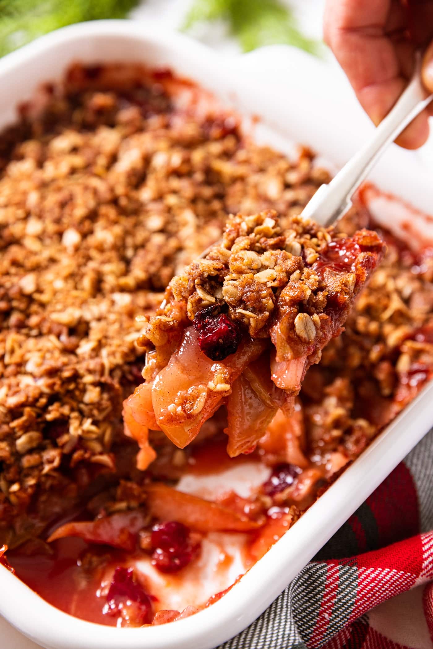 White baking dish filled with baked cranberry crisp with spoon holding up a serving of the crisp showing pears and cranberries.