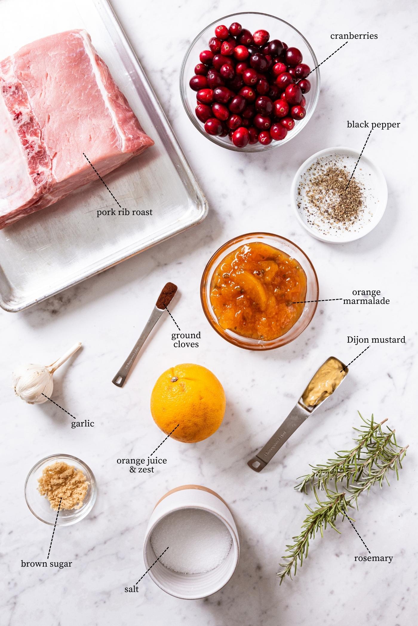 White marble surface filled with all the ingredients needed to make a pork rib roast including raw pork, cranberries, garlic, spices, orange, rosemary, salt, and more.