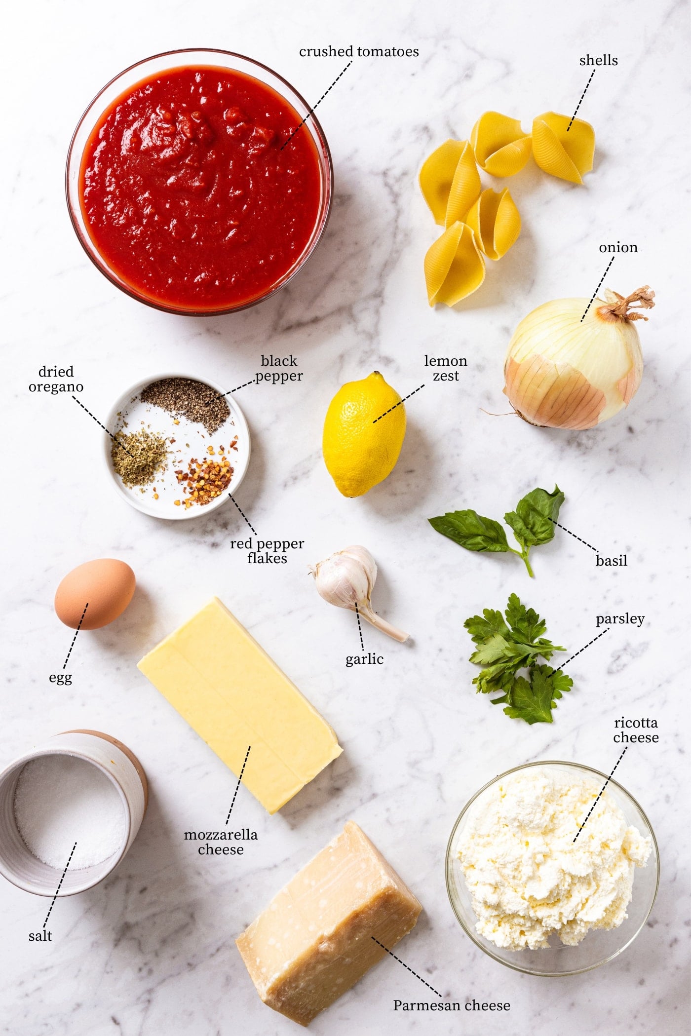 White marble surface filled with all ingredients needed to make stuffed shells including pasta, ricotta cheese, mozzarella cheese, Parmesan cheese, tomato sauce, spices, herbs, and more.
