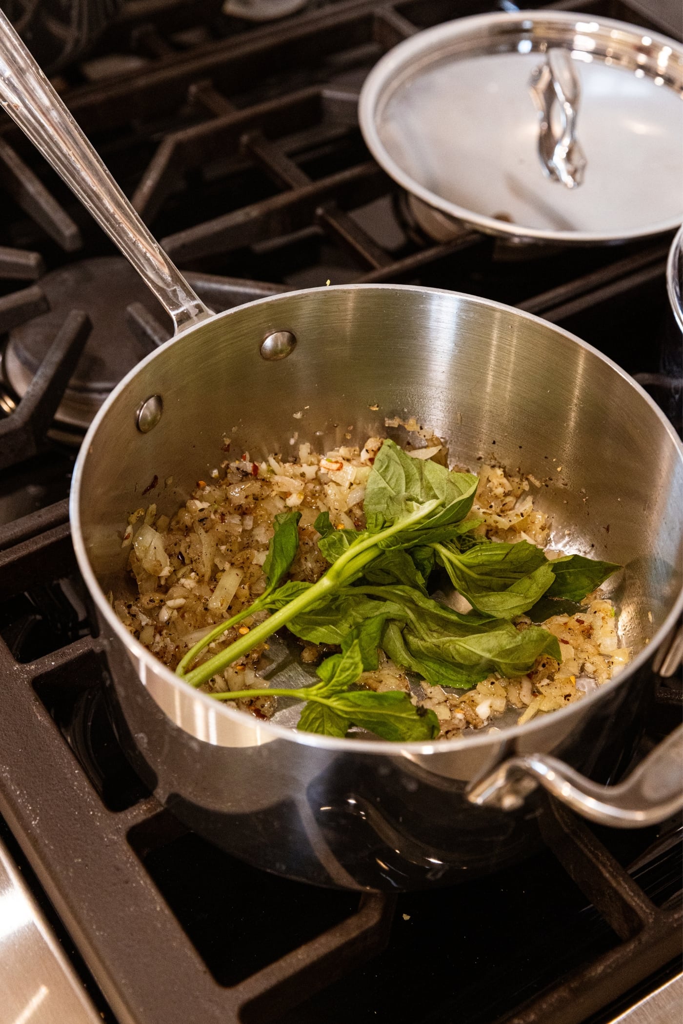Metal stockpot sitting on stovetop with browned onions and sprig of basil sitting on top of onion.