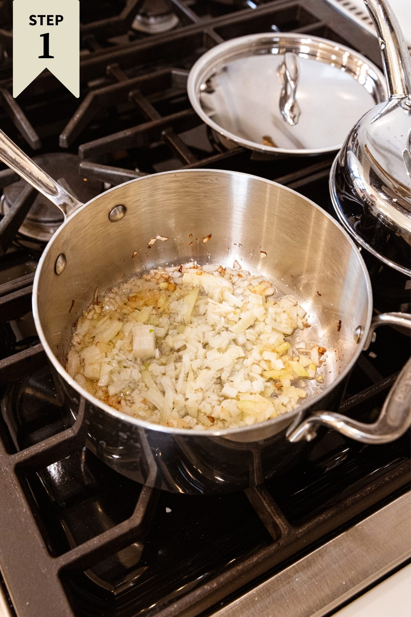 Metal stockpot with chopped white onion before being cooked in pot on stovetop with metal lid in background.