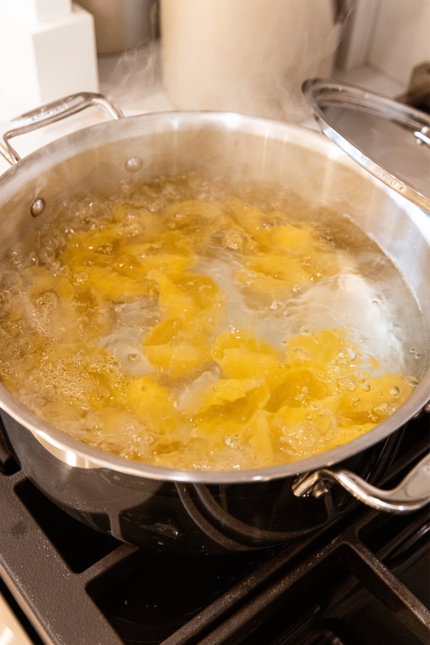 Pasta shells on the bottom of a large metal stockpot full of boiling water on stovetop.