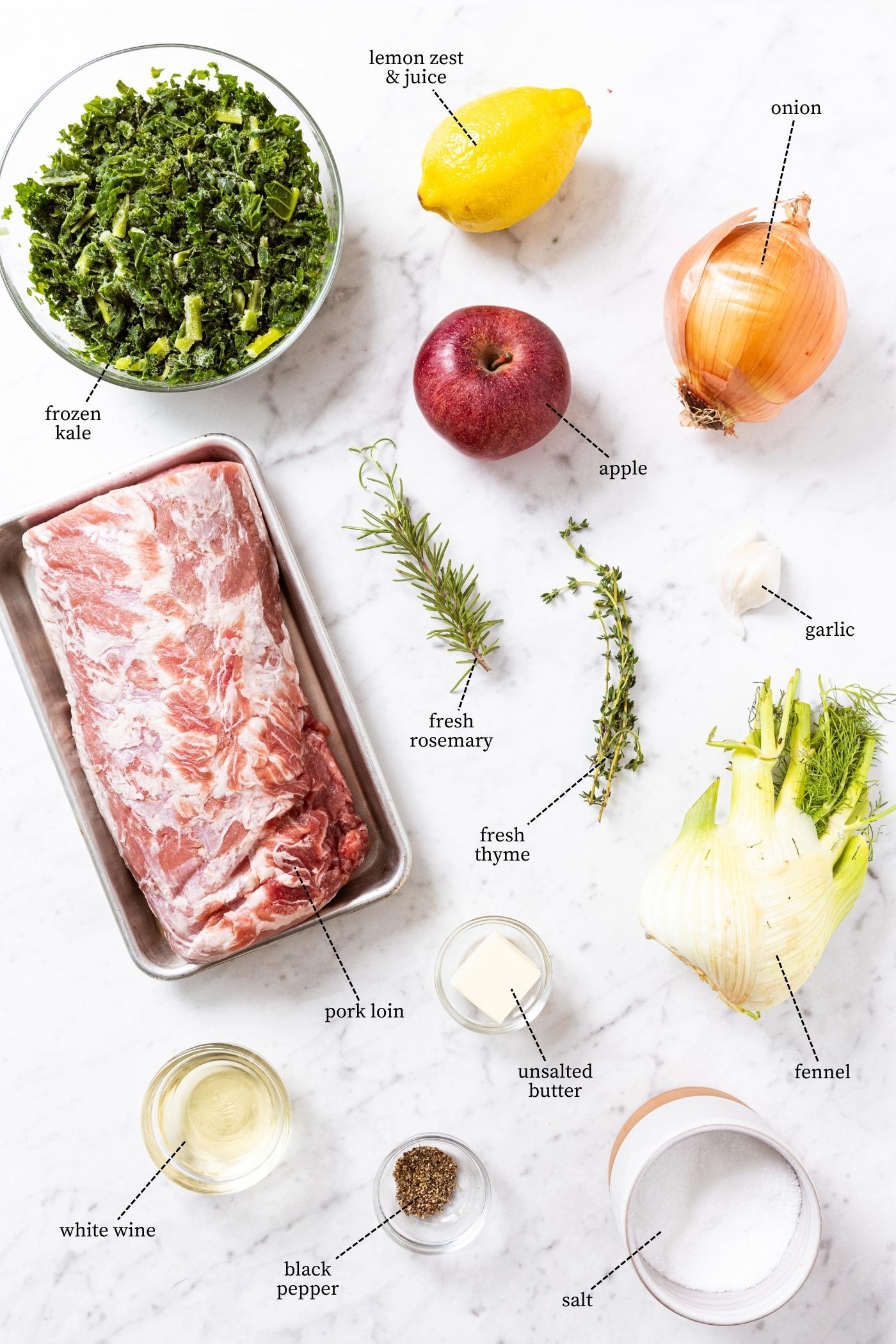 White marble surface filled with all ingredients needed to make pork roulade including raw pork loin, kale, apple, fennel, onion, fresh herbs, salt, and more.