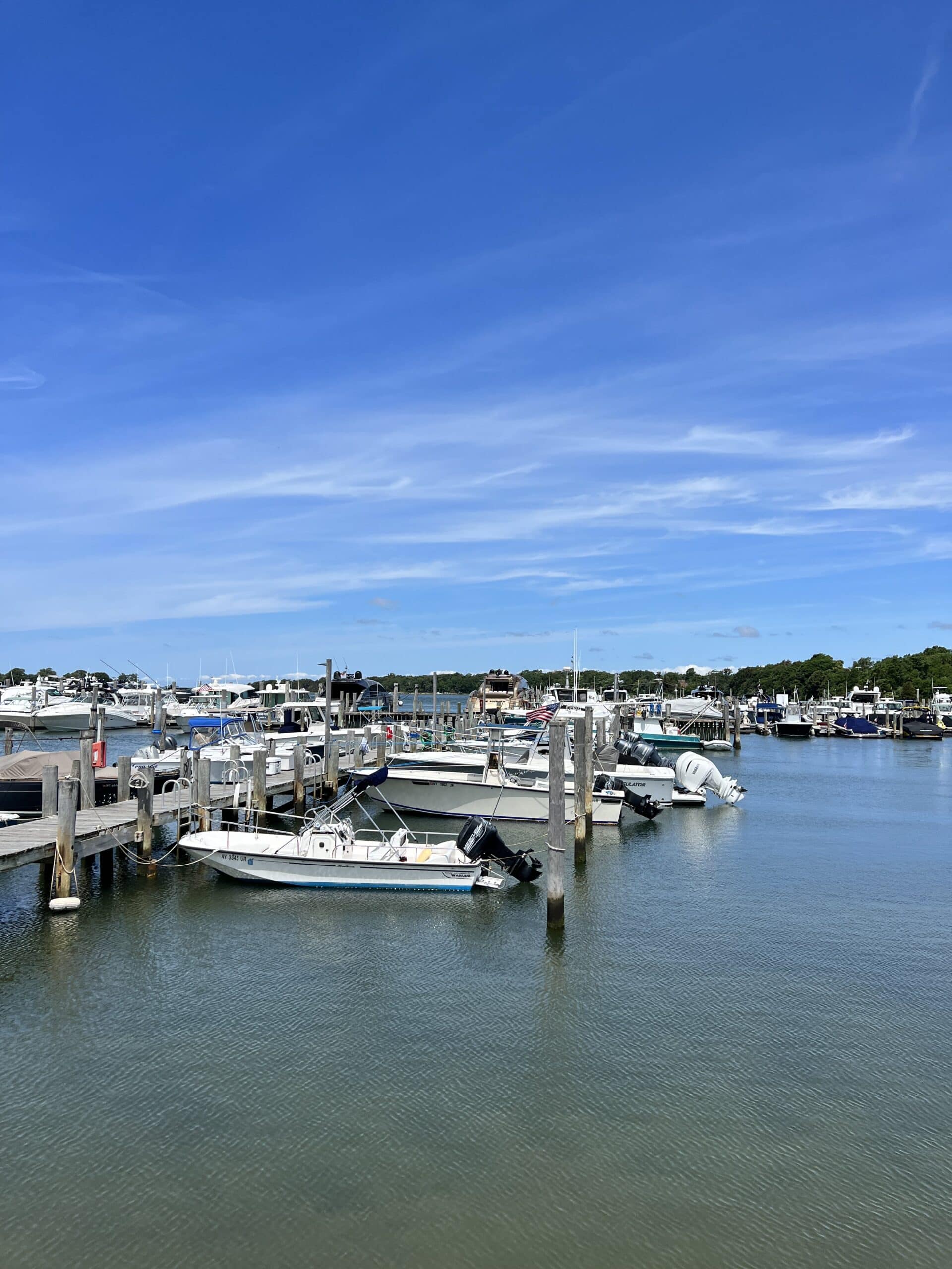 Harbor filled with lots of small boats in Sag Harbor, New York with dock to the side.
