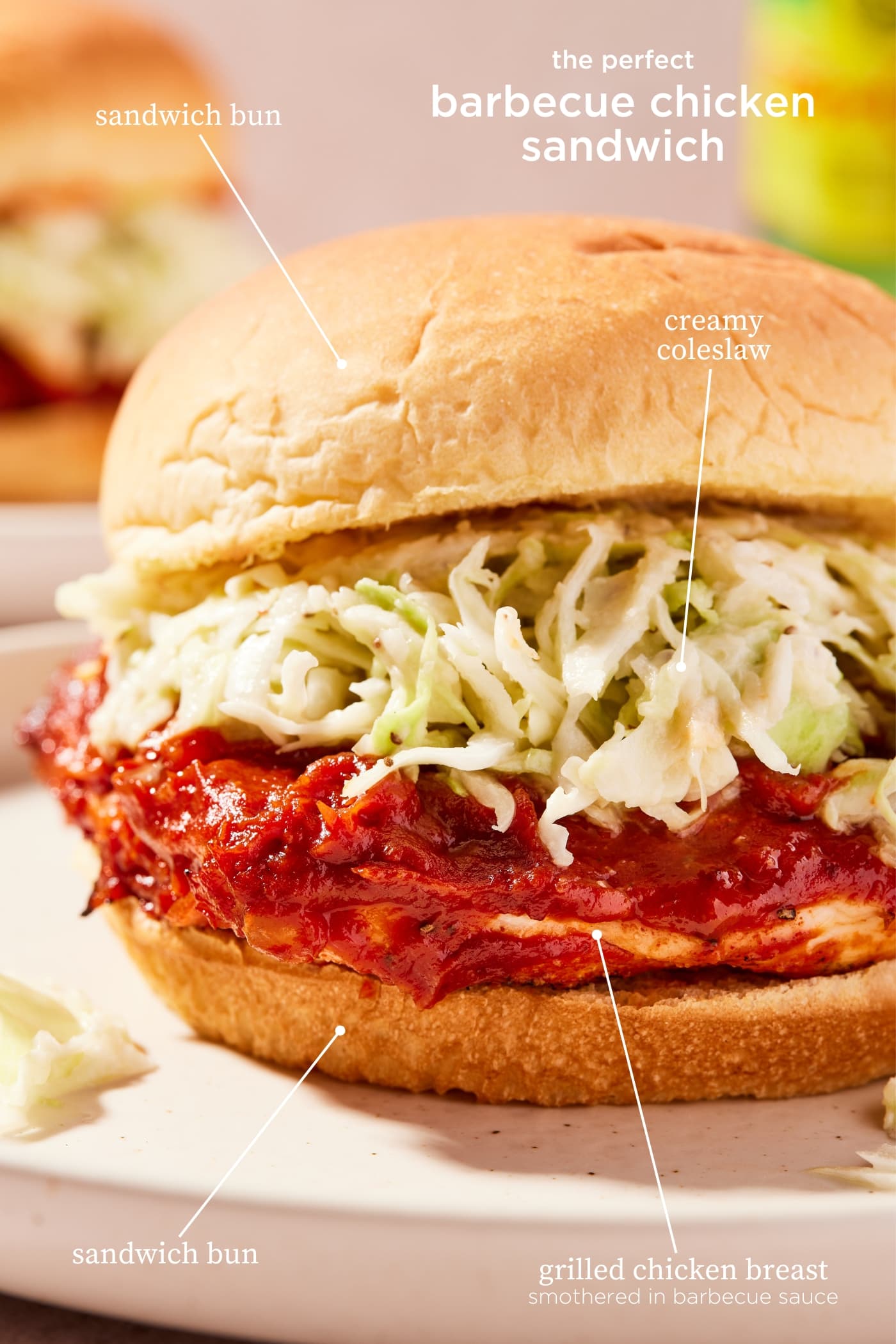BBQ chicken sandwich sitting on tan colored plate with words on the picture indicating the layers of the sandwich.